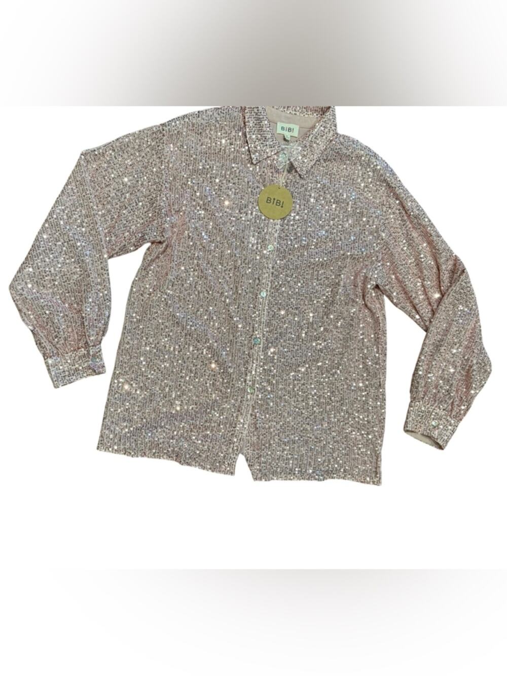 BiBi Pink Sequin Button-Front Blouse in a Women’s Medium NWT